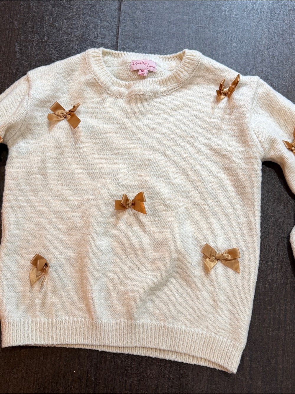 Paisley Lane Girls Size 10 Cream Sweater with Gold Bows